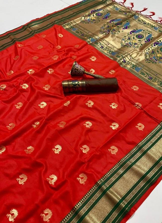 Paithani Silk Red Traditional Wear Zari Work Saree